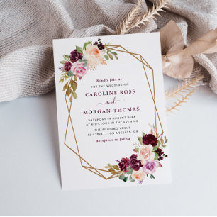 Plum purple & peach floral geometric wedding invitation
