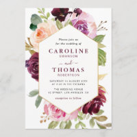 Plum purple & peach gold frame wedding invitation