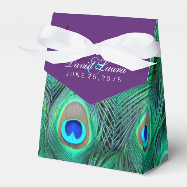 Plum Purple Peacock Wedding Favour Box (Front Side)