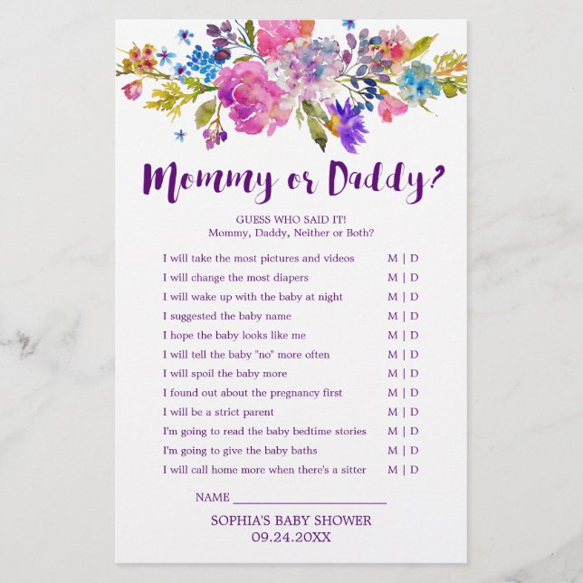 Plum Purple Pink & Blue Flower Mummy or Daddy Game Flyer (Front)