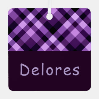 Plum Purple Plaid Monogram Square Metal Ornament