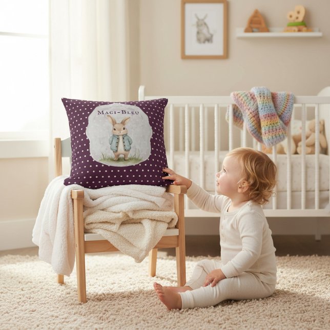 Plum Purple Polka Dot Bunny Name Accent Pillow (Creator Uploaded)
