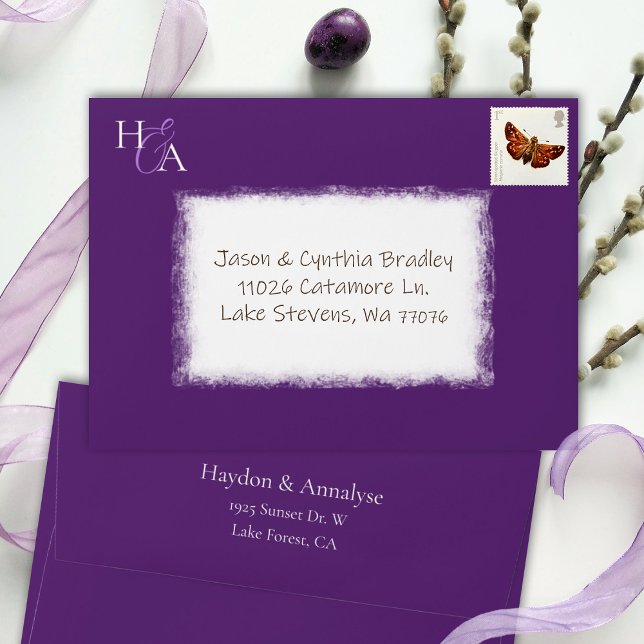 Plum Purple, Pre-addressed 5x7 Wedding Invitation Envelope (plum purple wedding 5x7 invitation envelope, address pre printed on back flap monogram envelope)