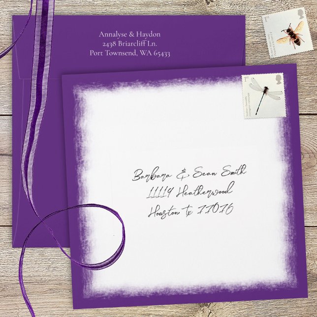Plum Purple Pre-addressed Wedding Invitation Envelope (plum purple eggplant purple square invitation envelope with address printed on back flap)