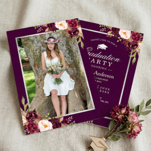 Plum Purple Red Floral Photo Graduation Party Invitation