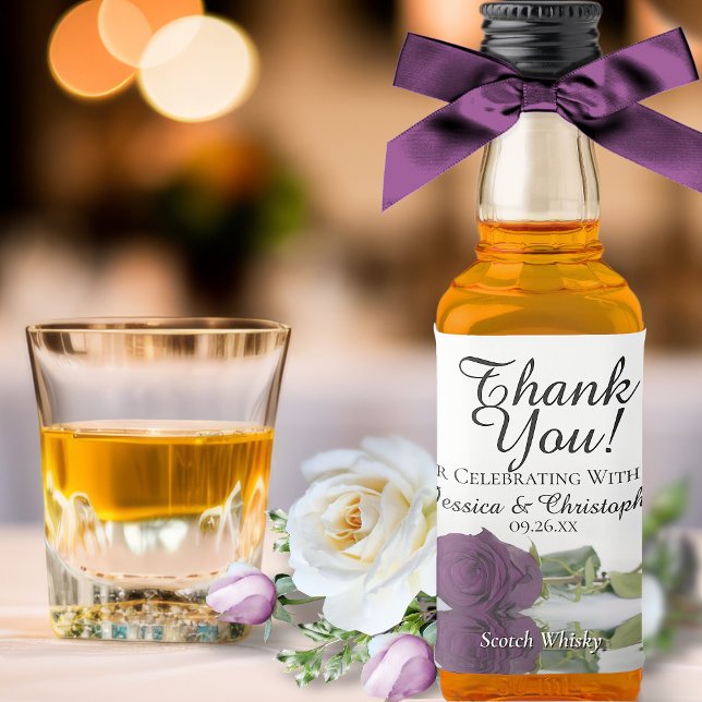 Plum Purple Reflecting Rose Wedding Thank You Mini Liquor Bottle Label (In Situ with Flowers & Glass)