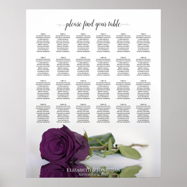 Plum Purple Rose 24 Table Wedding Seating Chart (Front)