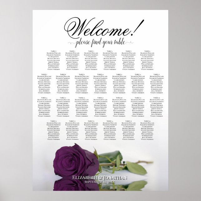 Plum Purple Rose 26 Table Wedding Seating Chart (Front)