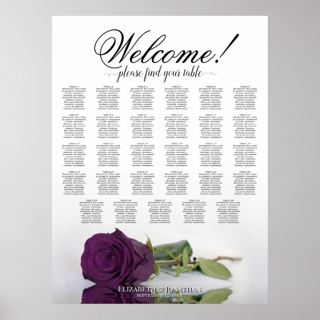 Plum Purple Rose 29 Table Wedding Seating Chart (Front)