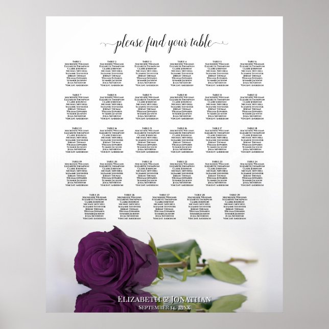 Plum Purple Rose 29 Table Wedding Seating Chart (Front)