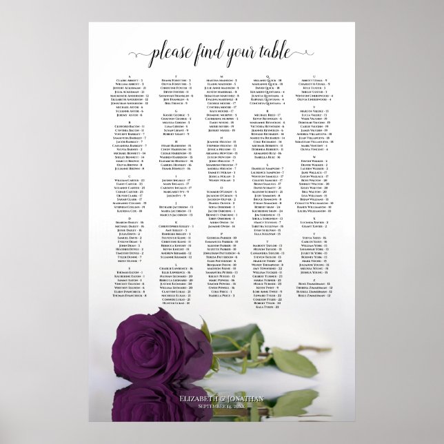 Plum Purple Rose Chic Alphabetical Seating Chart (Front)