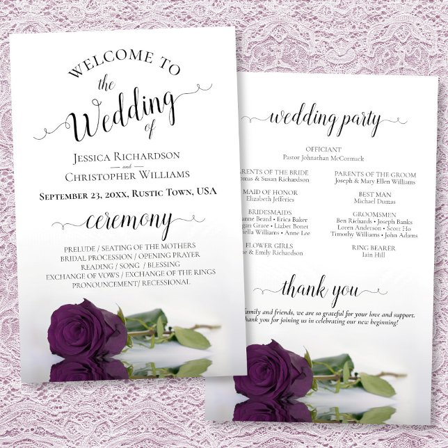 Plum Purple Rose Elegant BUDGET Wedding Program (Front/Back)