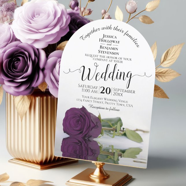Plum Purple Rose Elegant Romantic Arch Wedding Invitation (With arch cut)