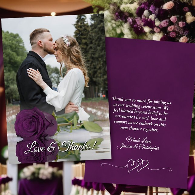 Plum Purple Rose Elegant Wedding Photo Overlay Thank You Card (Front/Back)