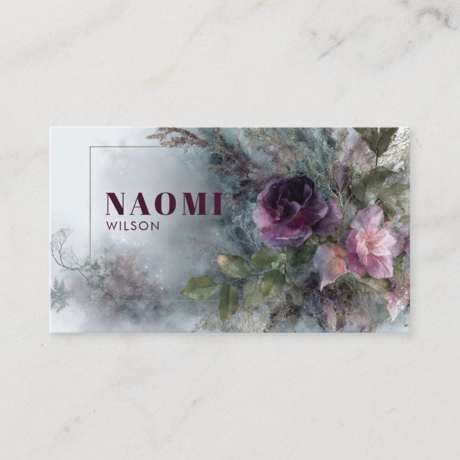Plum Purple Rose Floral and Misty Garden Business Card (Front)