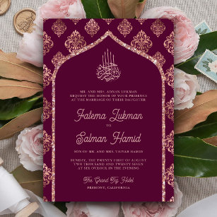 Plum Purple Rose Gold Damask Arch Muslim Wedding Invitation