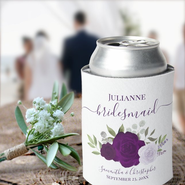 Plum Purple Roses Elegant Bridesmaid Wedding Can Cooler (Creator Uploaded)