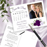 Plum Purple Roses Photo & Calendar Save the Date Announcement Postcard<br><div class="desc">This rustic wedding Save the Date postcard features an elegant watercolor floral design with a bouquet of beautiful hand painted roses and blossoms in shades of dusty purple, lavender, and plum. The left side of the card has a customizable calendar with a heart around your wedding date, as well as...</div>