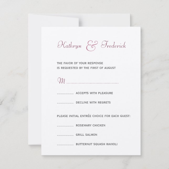 Plum purple RSVP formal wedding response card (Front)