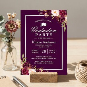 Plum Purple Rustic Floral Graduation Party Invitation