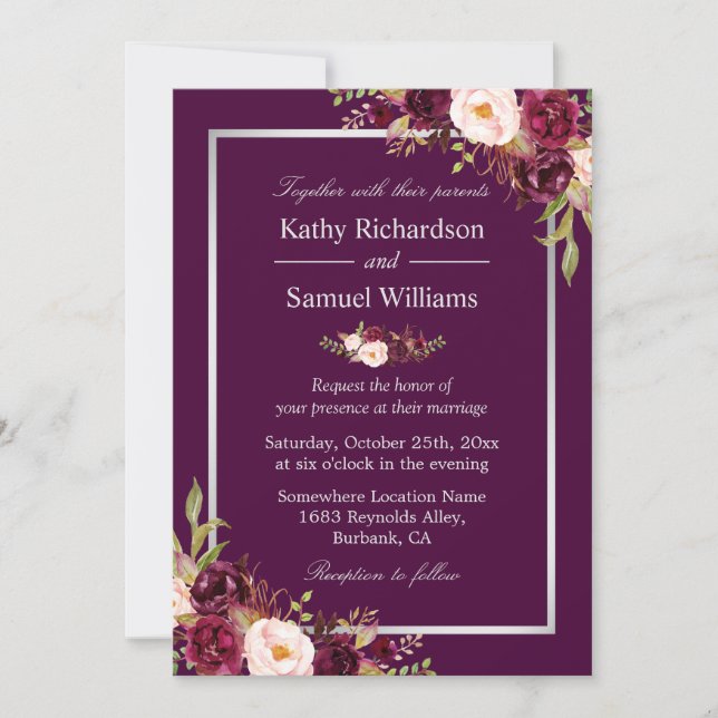 Plum Purple Rustic Floral Silver Grey Fall Wedding Invitation (Front)