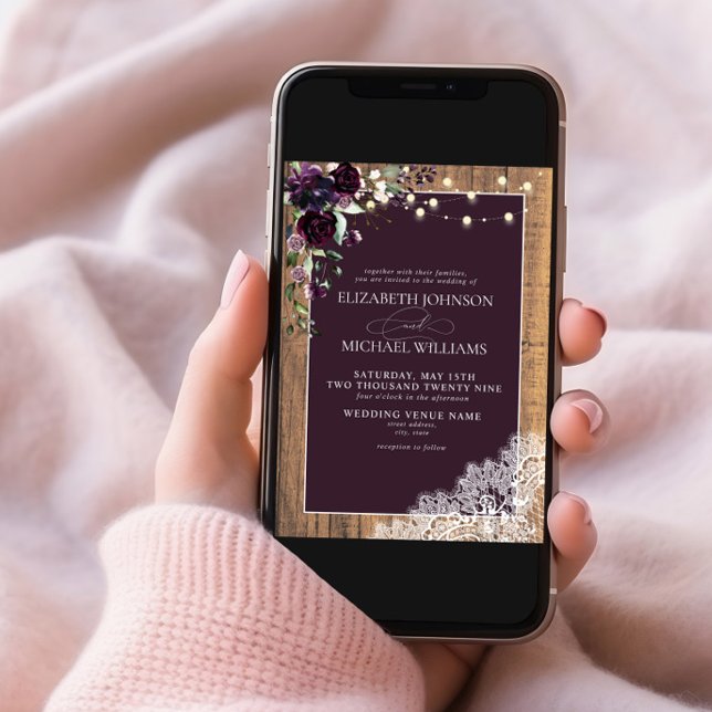 Plum Purple Rustic Wood Lace Script Wedding Invita Invitation (Creator Uploaded)