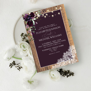 Plum Purple Rustic Wood Lace Script Wedding Invita Invitation