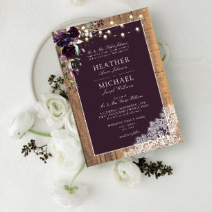 Plum Purple Rustic Wood Lace Script Wedding Invita Invitation