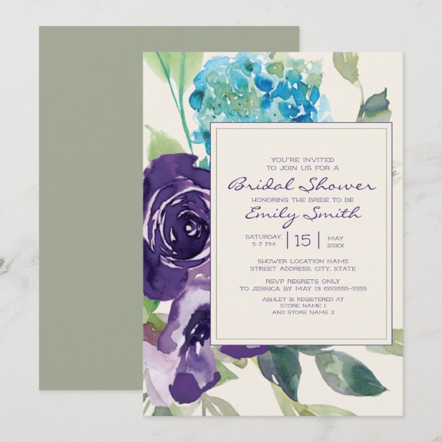 Plum Purple Sage Watercolor Floral Bridal Shower Invitation (Front/Back)