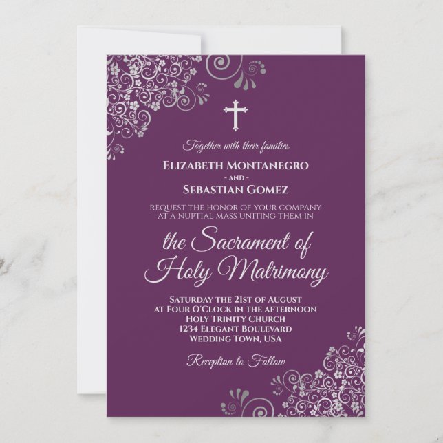 Plum Purple & Silver Chic Modern Catholic Wedding Invitation (Front)