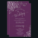 Plum Purple & Silver Curls Budget Wedding Program<br><div class="desc">These wedding programs are elegant and tasteful, while still being budget friendly. The design features ornate silver grey faux foil curls and swirls with pale grey text on a plum purple coloured background. The typography features lacy script calligraphy, and there is room for details on the ceremony, the bridal party,...</div>