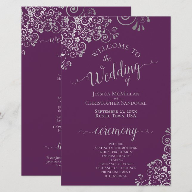 Plum Purple & Silver Curls Budget Wedding Program (Front/Back)