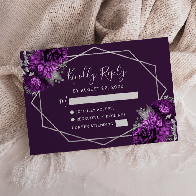 Plum Purple Silver Floral Geometric RSVP Card (Creator Uploaded)