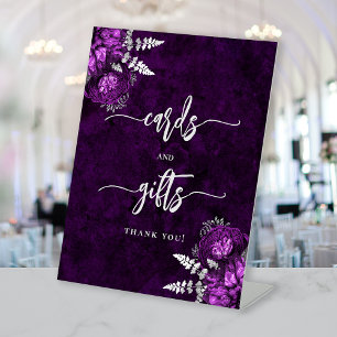 Plum Purple Silver Floral Wedding Cards Gifts Pedestal Sign