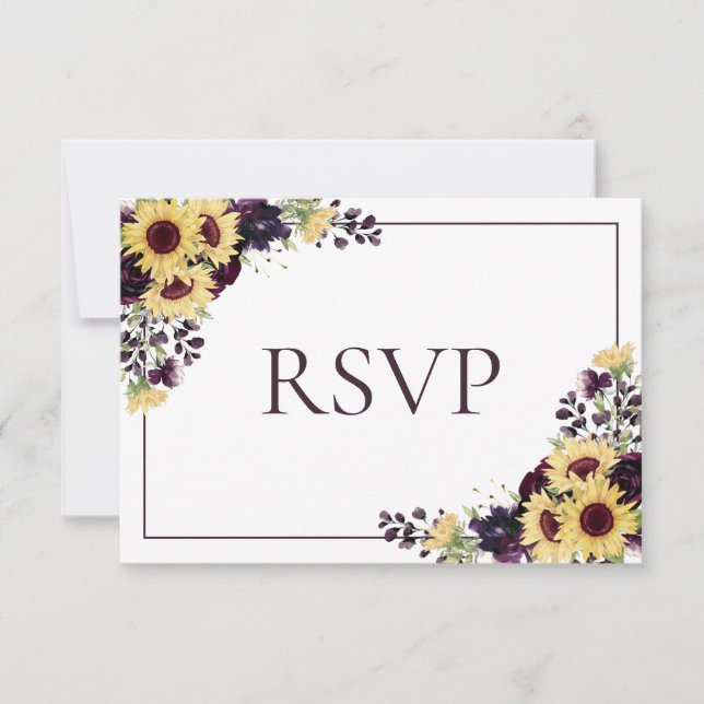 Plum Purple Sunflower No Food Wedding RSVP (Front)