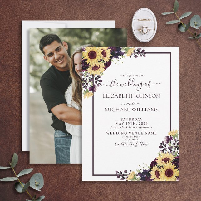 Plum Purple Sunflower Watercolor Photo Wedding Invitation (Creator Uploaded)