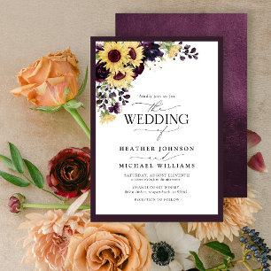 Plum Purple Sunflower Watercolor Script Wedding Invitation
