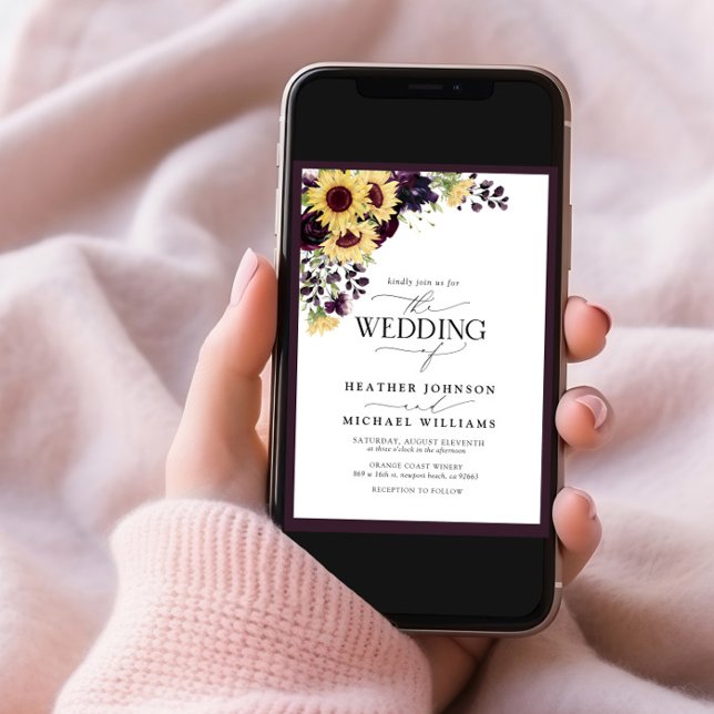Plum Purple Sunflower Watercolor Script Wedding Invitation (Creator Uploaded)