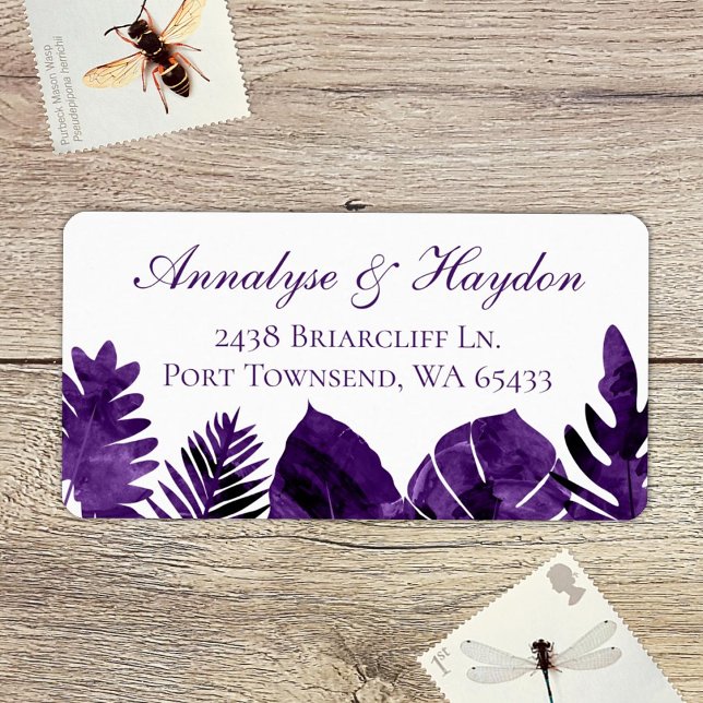Plum Purple Tropical Leaves Wedding Address Label (tropical plum purple, eggplant island palm leaves, monstera, ferns address labels for rsvp cards)