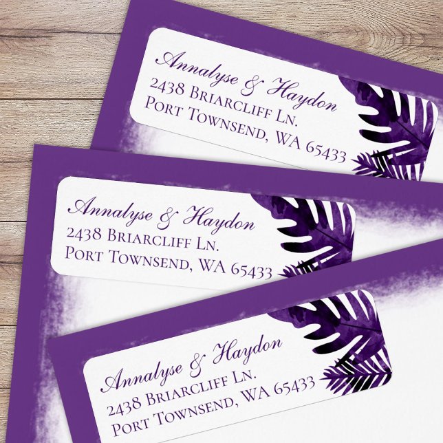Plum Purple Tropical Leaves Wedding Return Address (tropical plum purple, eggplant purple island palm leaves, fern leaf, monstera return address labels)