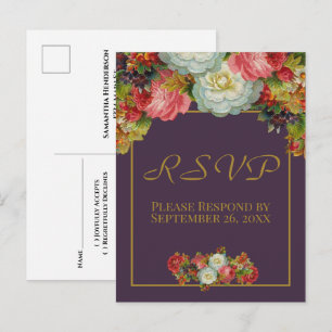 Plum Purple Vintage Autumn Floral Wedding RSVP Postcard