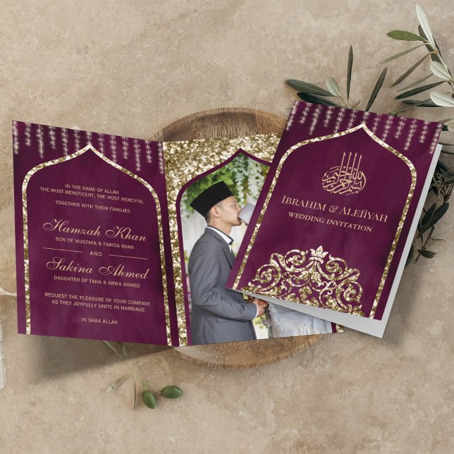 Plum Purple Vintage Gold Islamic Arch Wedding Invitation (Creator Uploaded)