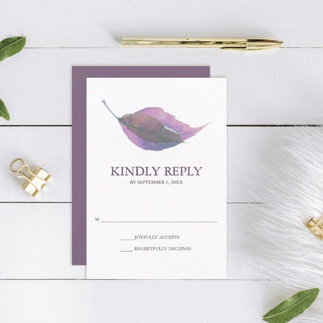 Plum Purple Watercolor Fall Leaf Wedding RSVP Card (rsvp card dusty plum purple wedding minimalistic leaf )