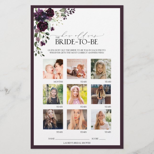 Plum Purple Watercolor Floral Bridal Shower Game (Front)