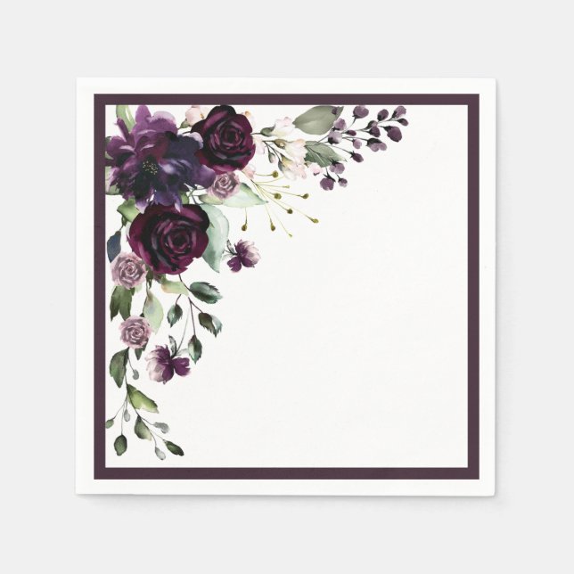 Plum Purple Watercolor Floral Bridal Shower Napkin (Front)