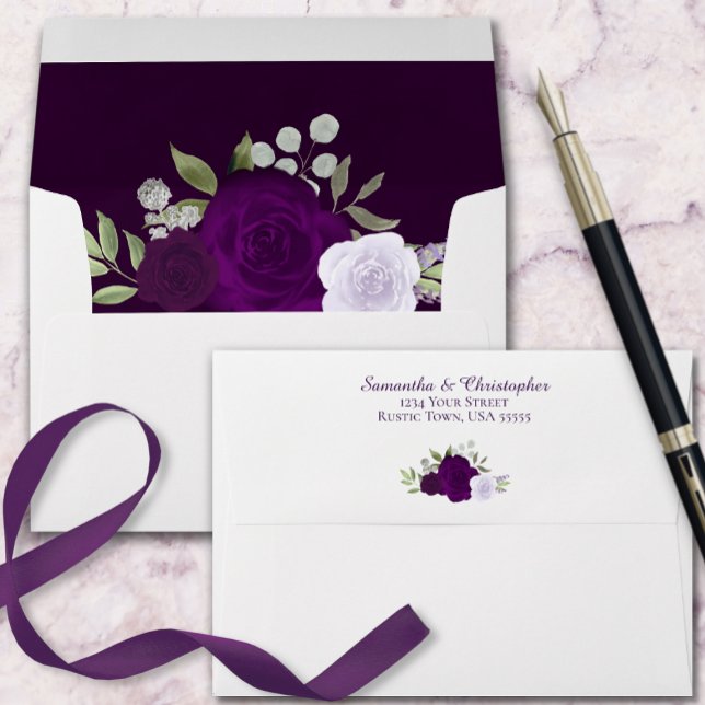 Plum Purple Watercolor Floral Elegant Wedding Envelope (Creator Uploaded)