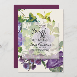 Plum Purple Watercolor Floral Green Leaf Sweet 16 Invitation