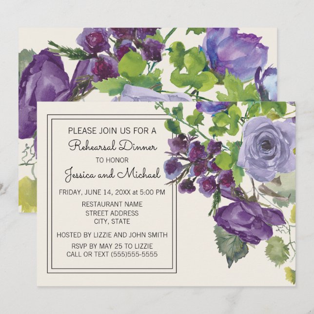 Plum Purple Watercolor Floral Ivory  Rehearsal Invitation (Front/Back)
