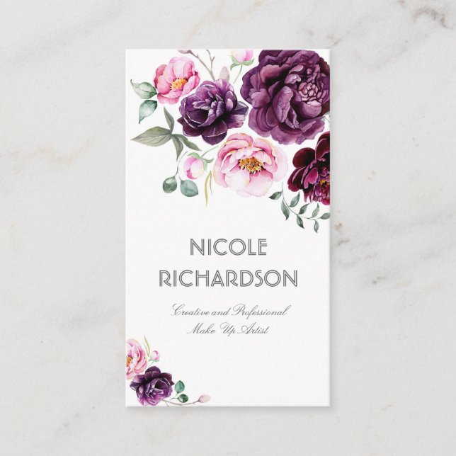 Plum Purple Watercolor Flowers Bouquet Elegant Business Card (Front)