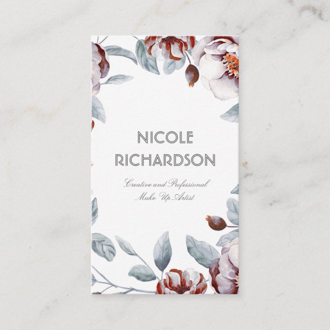 Plum Purple Watercolor Flowers Bouquet Elegant Business Card (Front)